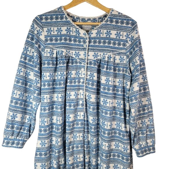Lanz of Salzburg Fleece Robe Nightgown Blue Medium Pockets Snowflake Modest READ - Picture 4 of 10